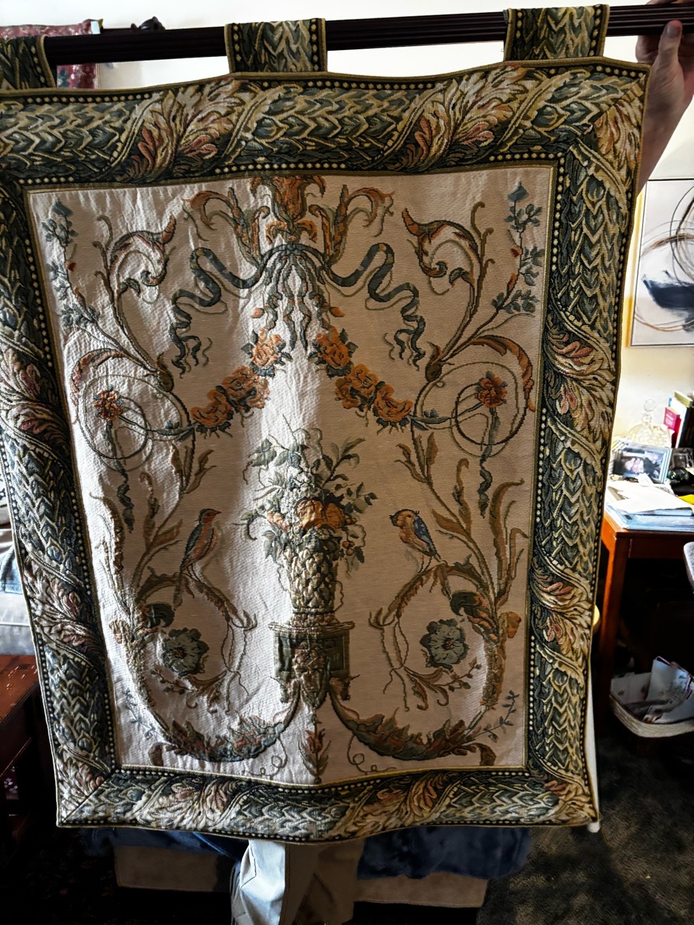 Vintage reprodubirds  Ornate Beige & Green Tapestry Wall Hanging with Gold Accen